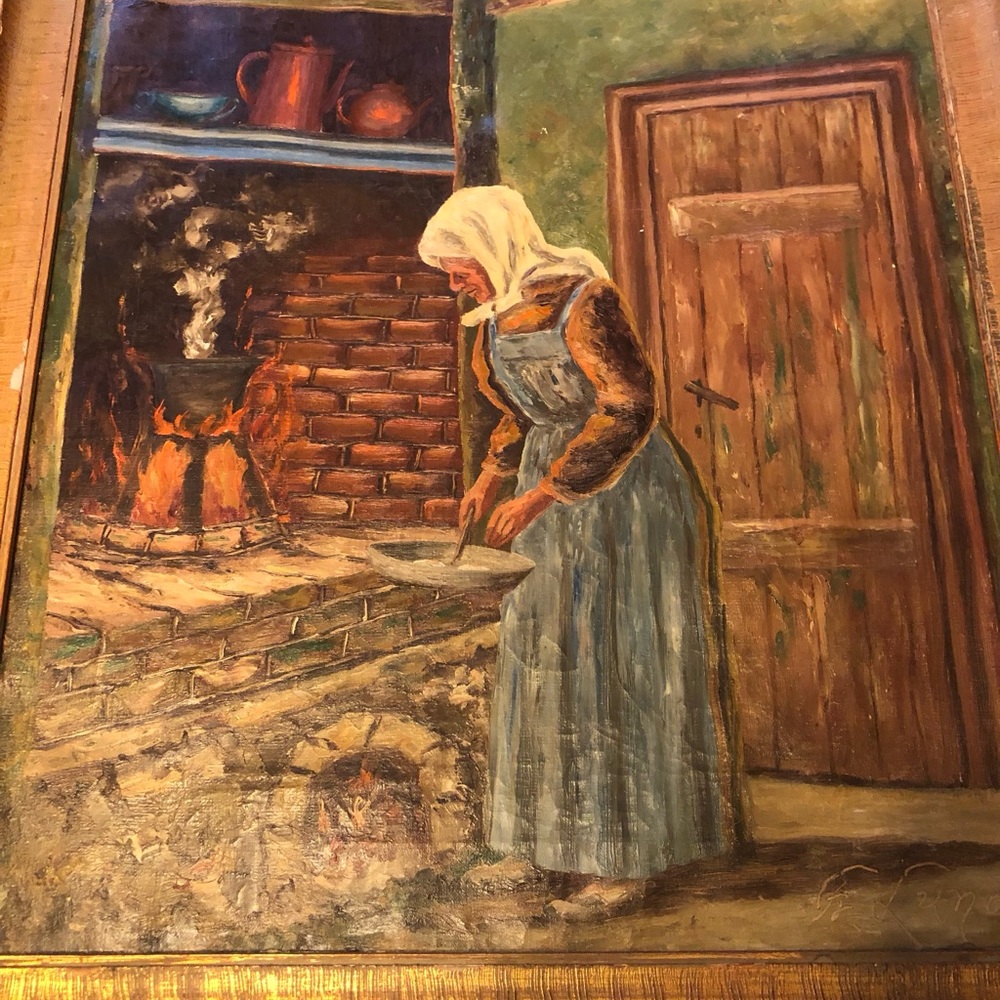 Old woman cooking original canvas painting by F Lund